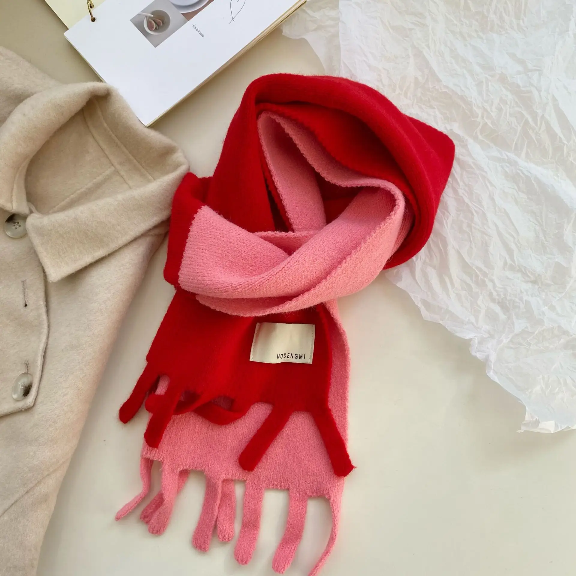 

Chic Women's Scarf 2022 New Knitted Wool Scarves for Female Patchwork Double Color Scarf Warm Tassel Decor