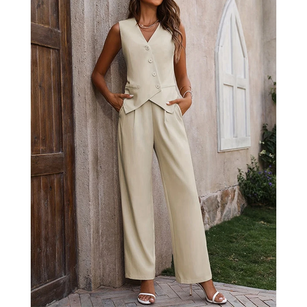 Summer Two Piece Set Women Outfit Sleeveless Blazer Vest and Straight Leg Pants Set Business Attire for Women