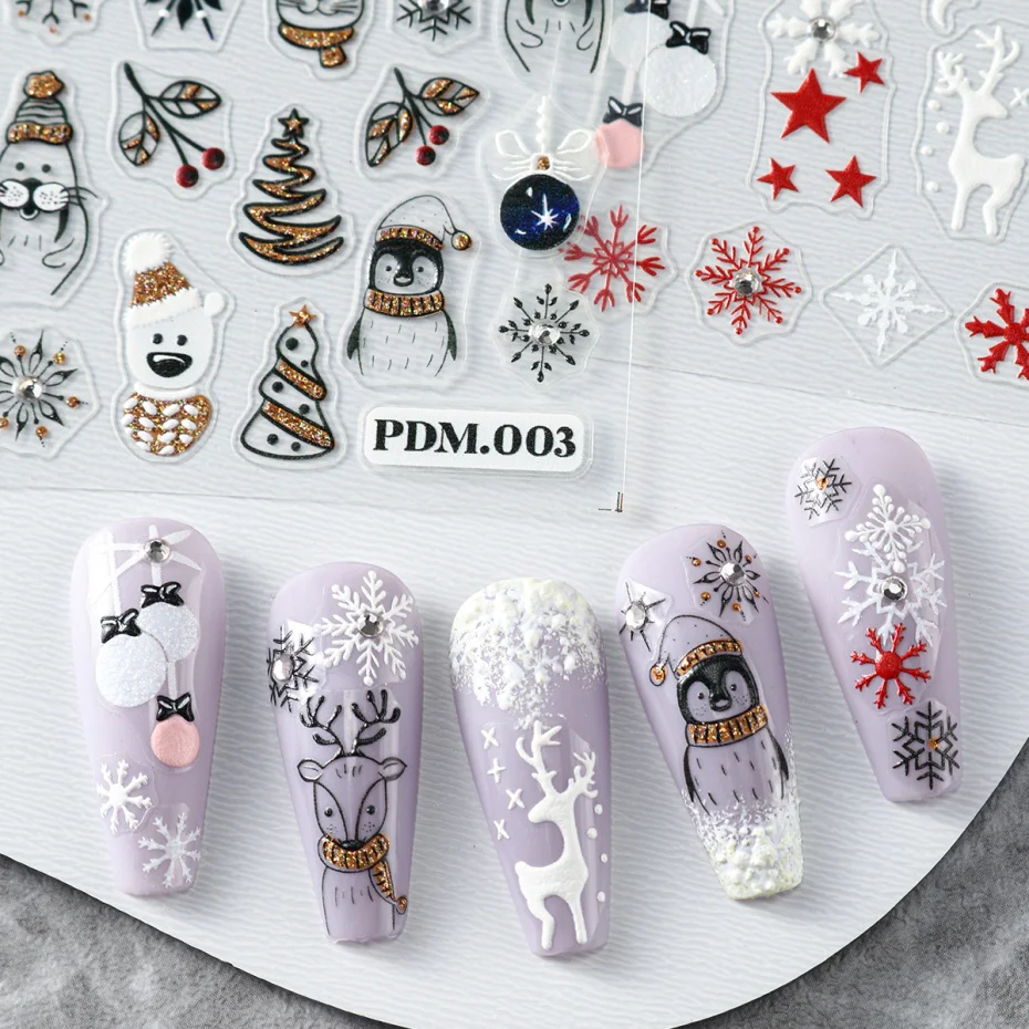 2pcs 5D Christmas Nail Art Stickers Glittery Snowflake Bells Sliders Cartoon Bear Penguin Deer Adhesive Decals With Rhinestone