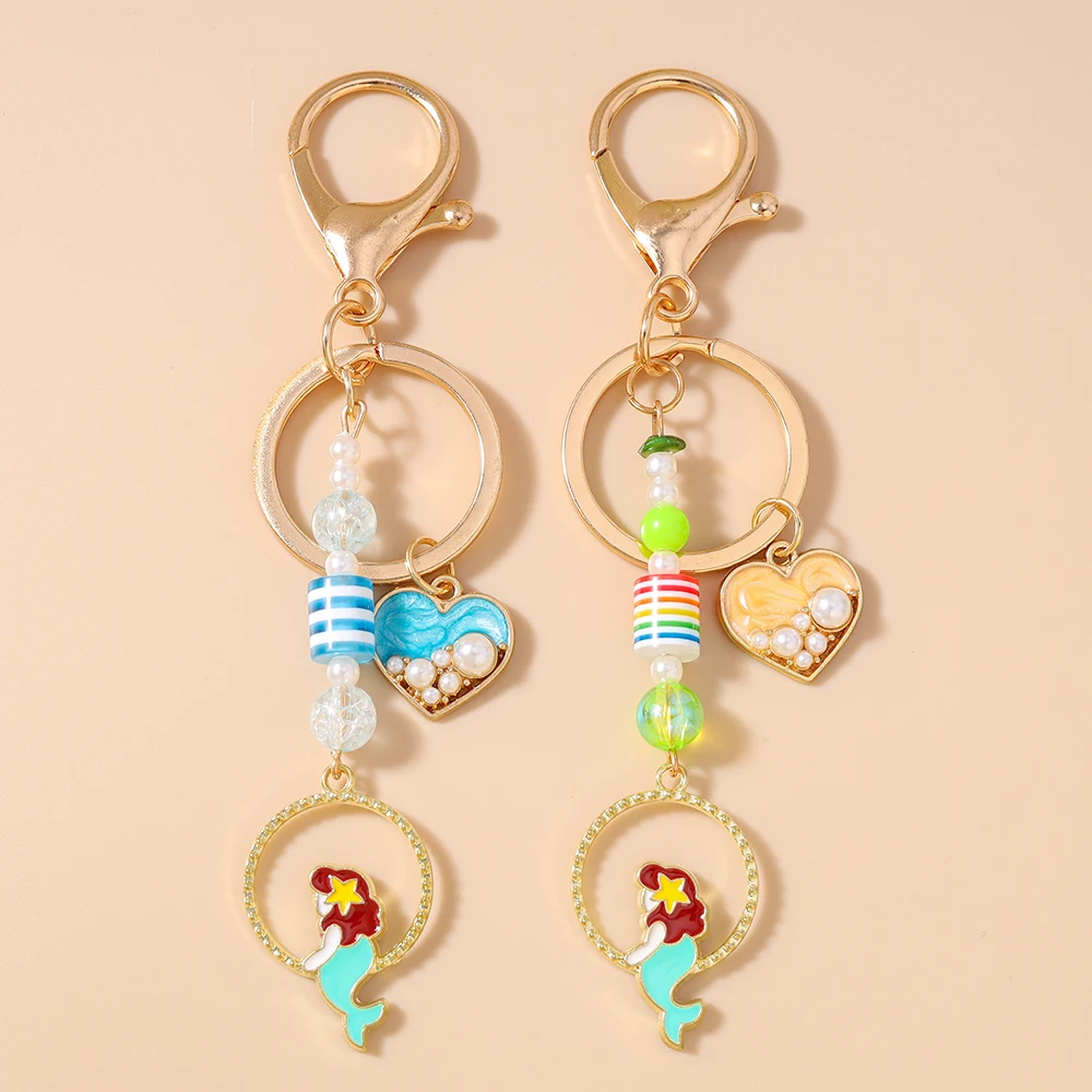 

Cute Mermaid Keychain Pearl Love Heart Key Ring Pendants for Women Girls Handbag DIY Handmade Key Chain Jewelry Gift