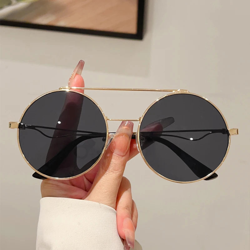 KAMMPT Vintage Round Sunglasses Men 2025 New in Fashion Double Bridge Mirror Shades Women Trendy Retro Brand Design Sun Glasses