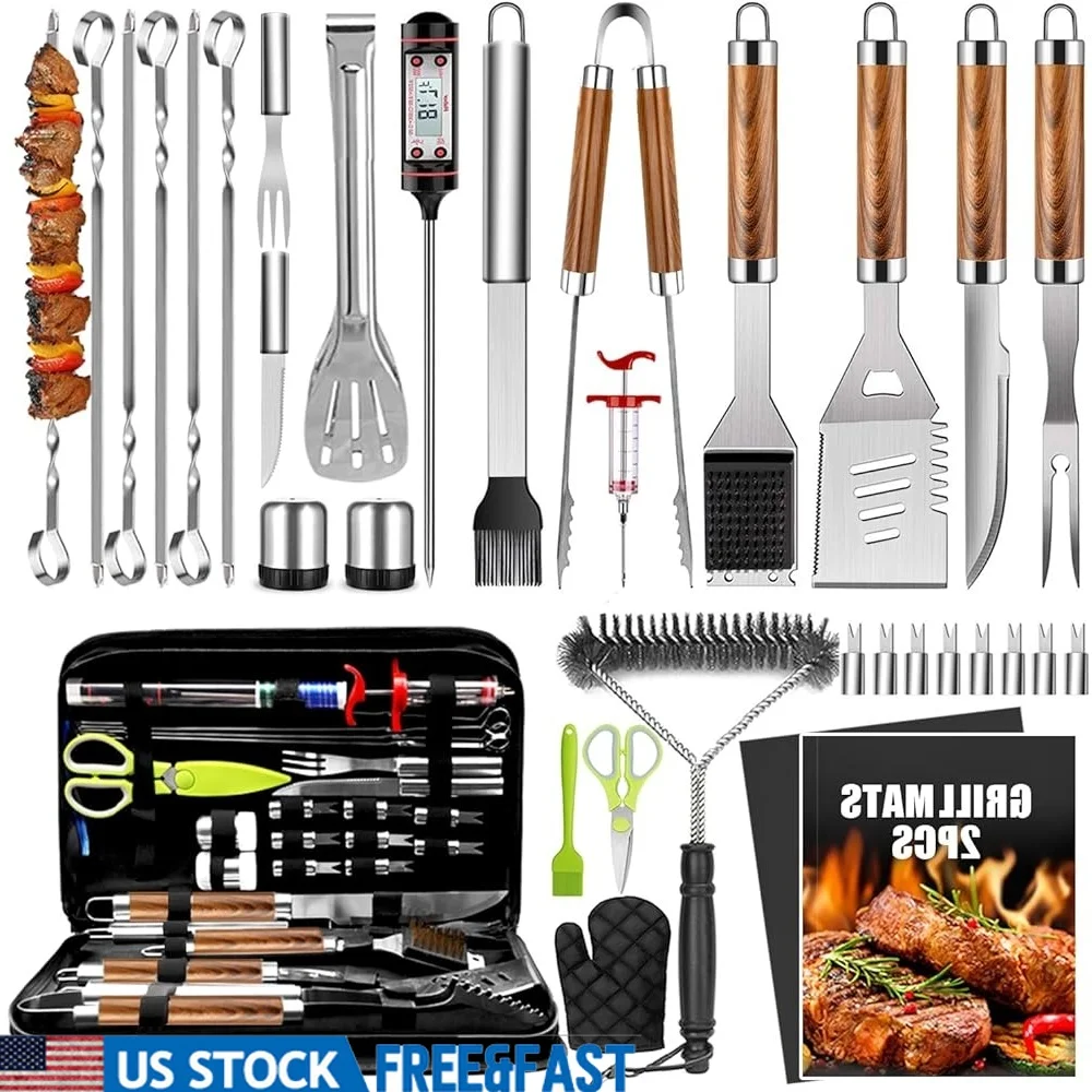 Accesorios para parrilla de barbacoa, juego de herramientas de acero inoxidable con termómetro, pinzas para parrilla, espátula, tenedor, cepillo de limpieza, regalos para asar, 34 Uds.