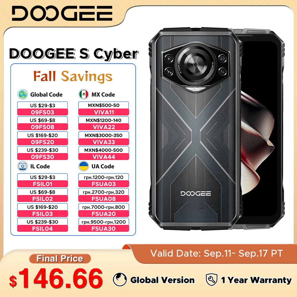 

Прочный телефон DOOGEE S Cyber, 6,58 дюйма, 90 Гц, IPS-дисплей, восьмиядерный процессор, 8 ГБ ОЗУ, 256 ГБ ПЗУ, 50 МП, основная камера AI, Android 14, аккумулятор 10800 мАч