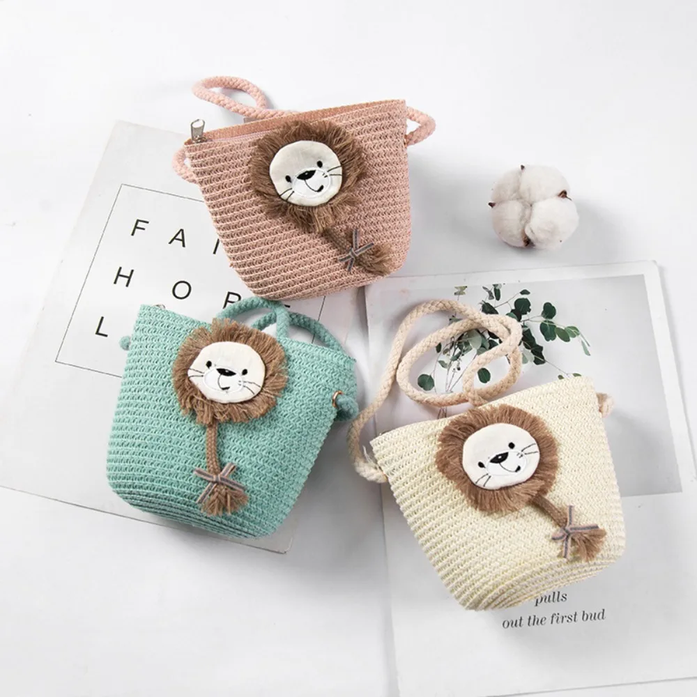 

Straw Weaved Shoulder Bag Portable Zipper Handmade Crossbody Pouch Cartoon Lion Coin Purse Kids