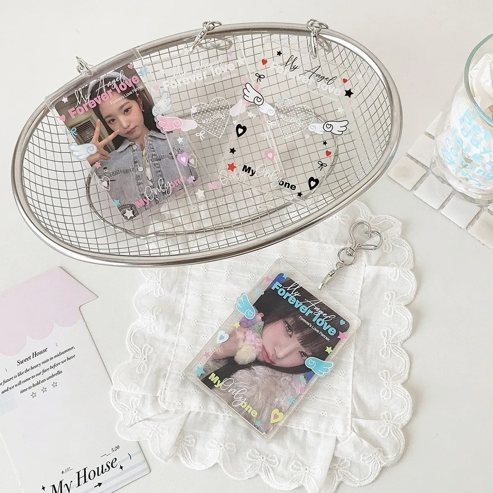 Acrylic Kpop Photocard Holder Keychain 3 Inch Wings Heart Card Holder Cartoon Transparent Student Card Protective Cover