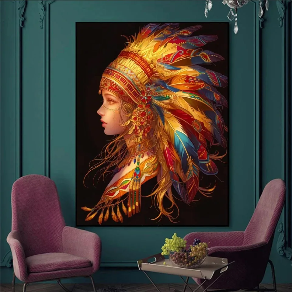 DIY Diamond Painting New Collection 2024 Indian Woman Feathers Cross Stitch Kit Full Square Round Diamond Mosaic Home Decor