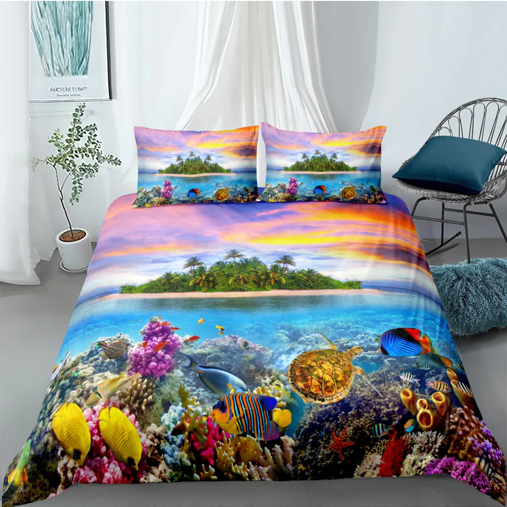 

Blue Underwater World Duvet Cover Cartoon Ocean Fishes Duvet Cover The Marine Life Coral Polyester King Queen Size Quilt Cover