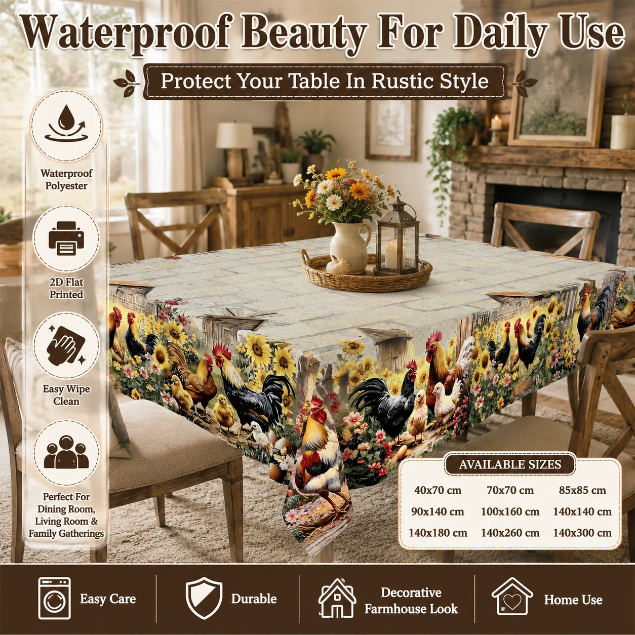 

Waterproof Polyester Tablecloth 2D Flat Printed Rustic Rooster Sunflower Table Cover Farmhouse Kitchen Dining Room Decor