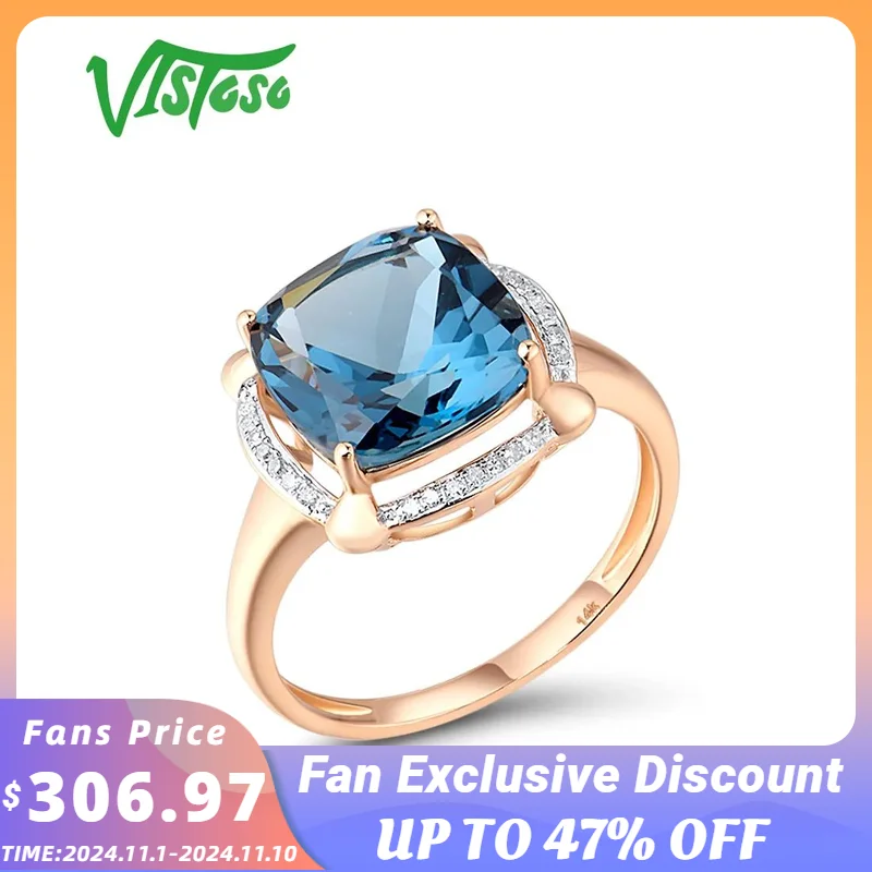 

VISTOSO Gold Rings For Women Genuine 14K 585 Rose Gold Ring Sparkling Diamond London Blue Topaz Wedding Anniversary Fine Jewelry