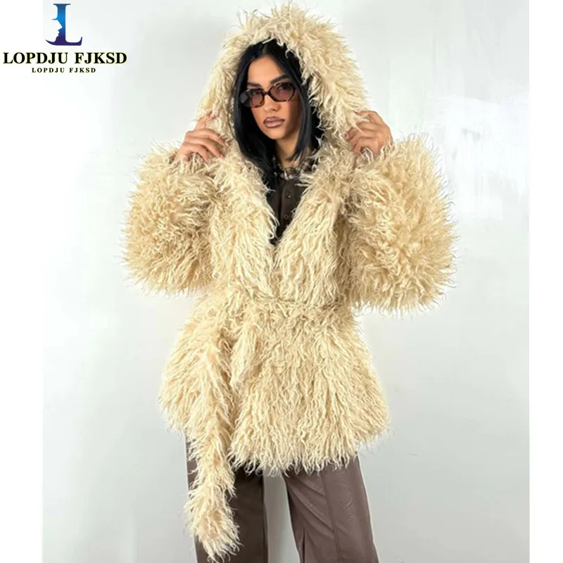 Faux Mongolia Sheep Fur Coats for Women,Hooded Jackets,Adjustable Waist Overcoat,Female Clothes,Thicken Warm,New ,Winter,2026