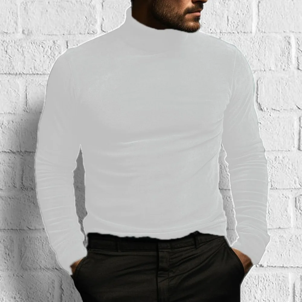 جديد طويل الأكمام بلون ضيق تي شيرت الأوروبية والأمريكية الرجال الخريف والشتاء الرجال عالية طوق الجلد المدبوغ قاع قميص