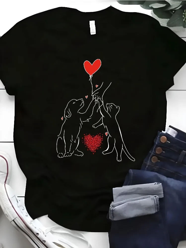 Women's Dog and Cat Heart-Shaped Balloon Print T-Shirt Round Neck Casual Top Comfortable Year-Round Style Fun Print Shirt