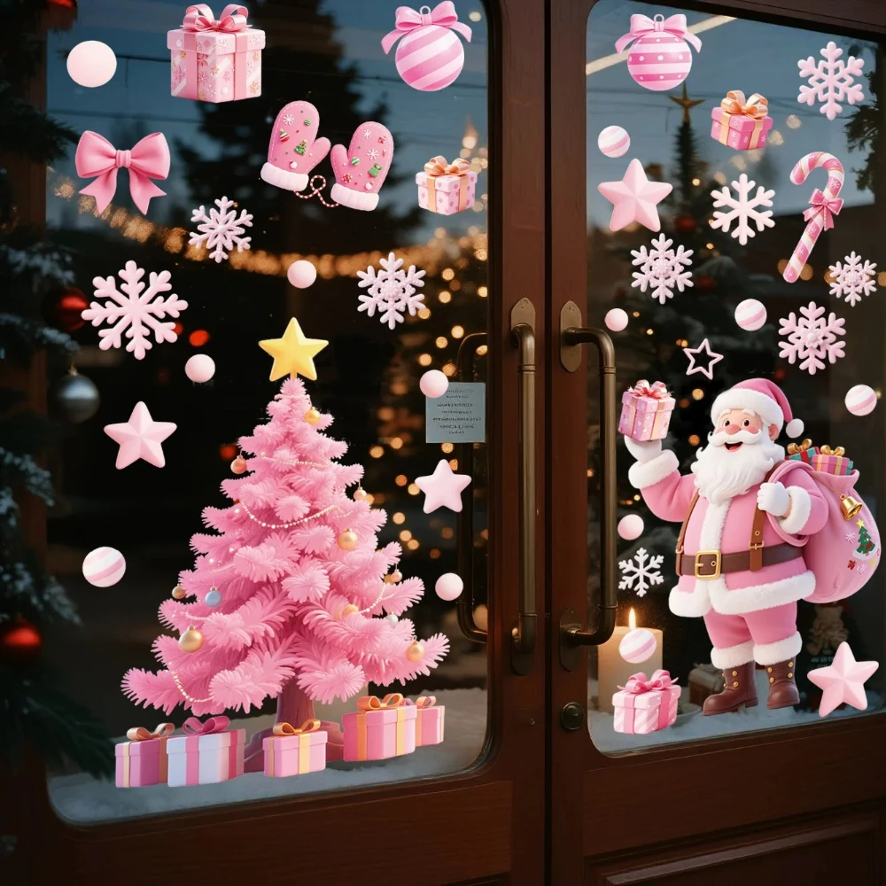 Pink Christmas Window Stickers Set Pink Santa Tree Snowflake Gift Bow Static Cling Decals for Home Shop Xmas Decoration