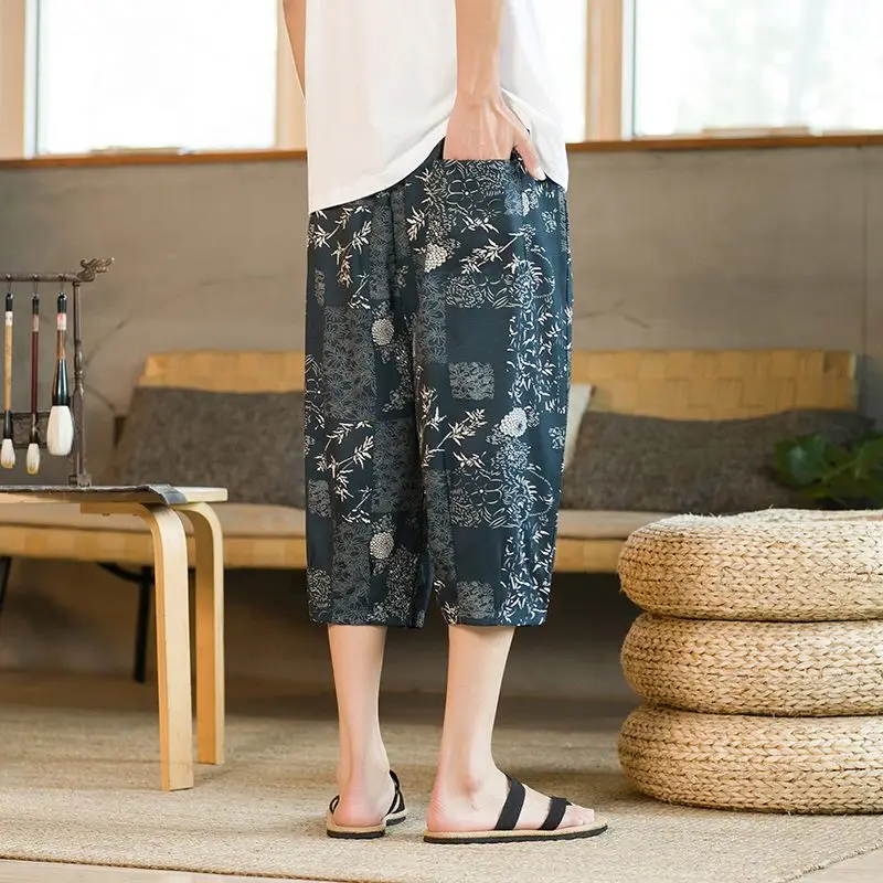 Loose Casual Harajuku Y2K Printing Cotton Linen Harem Shorts Male Elastic Waist Streetwear Fashion All-match 5XL PantsYY80