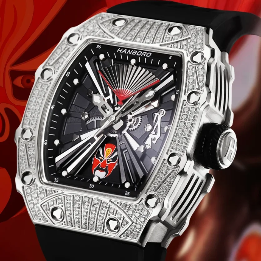 

Мужские автоматические часы HANBORO, 50 мм, тонно-образный корпус, механические наручные часы, светящийся кристаллический корпус, 6 видов макияжа, меняются каждые 4 часа