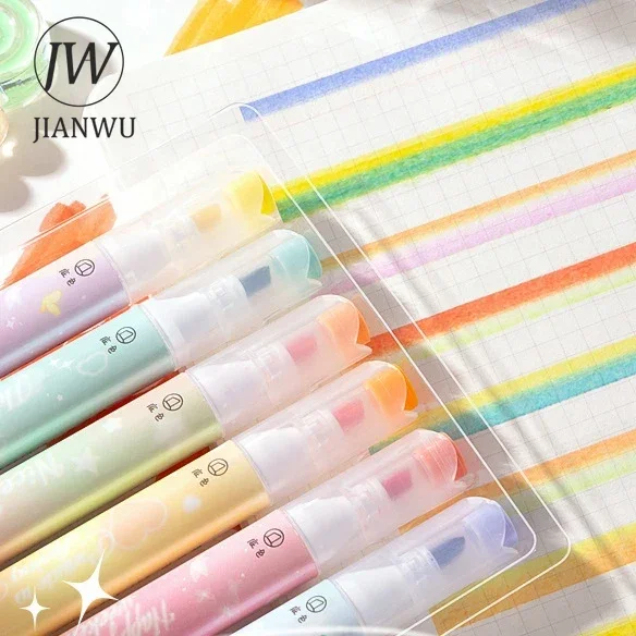 JIANWU 6 Pcs/set Color Stacking Double-ended Highlighter Set Write Smoothly Creative DIY Journal Student Supplies Stationery