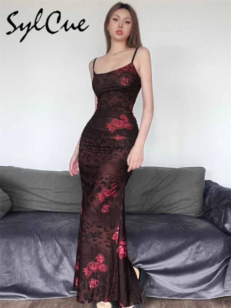 Sylcue Red Printed Design Summer Party Queen Intellectuality Elegant Mature Light Cool Soft Women'S Long Dress With Suspenders