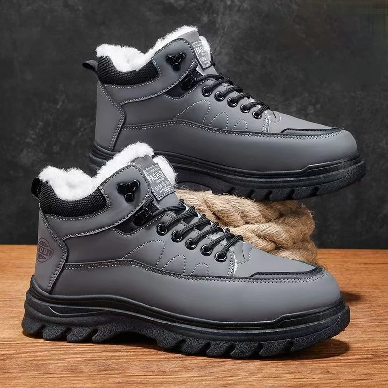 

Winter New Men Leather High Top Waterproof Snow Boots Thick Sole Non Slip Lace Up Thicken Plush Keep Warm Outdoor Hiking Boots
