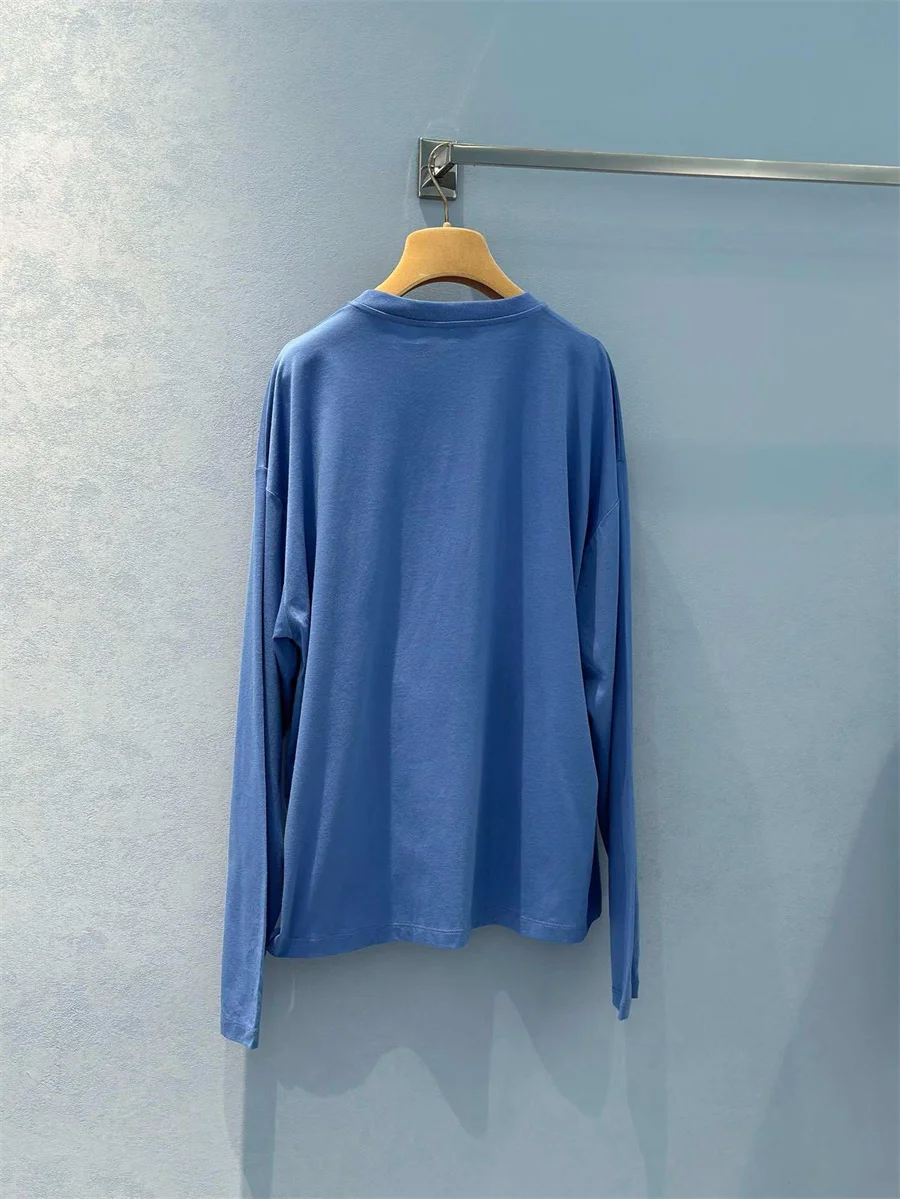 Blue Long Sleeved T-shirt with Pocket, 100% Pure Cotton, Slim Fit Embroidered Pullover, High-Quality Sweatshirt, New, 24 Autumn