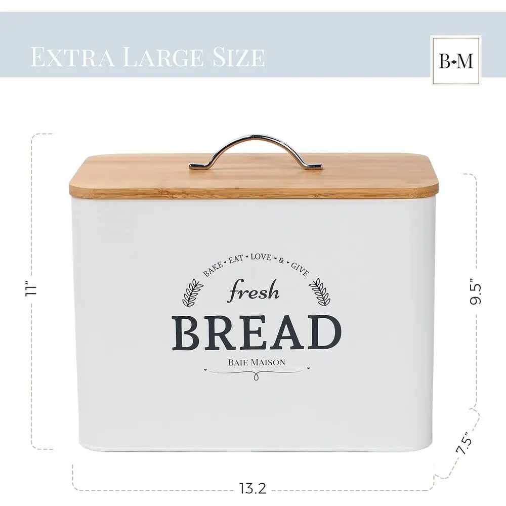 صندوق خبز معدني أبيض كبير على الطراز العتيق مع غطاء خشبي - يحمل رجلتين، وحدة تخزين على سطح المطبخ #2