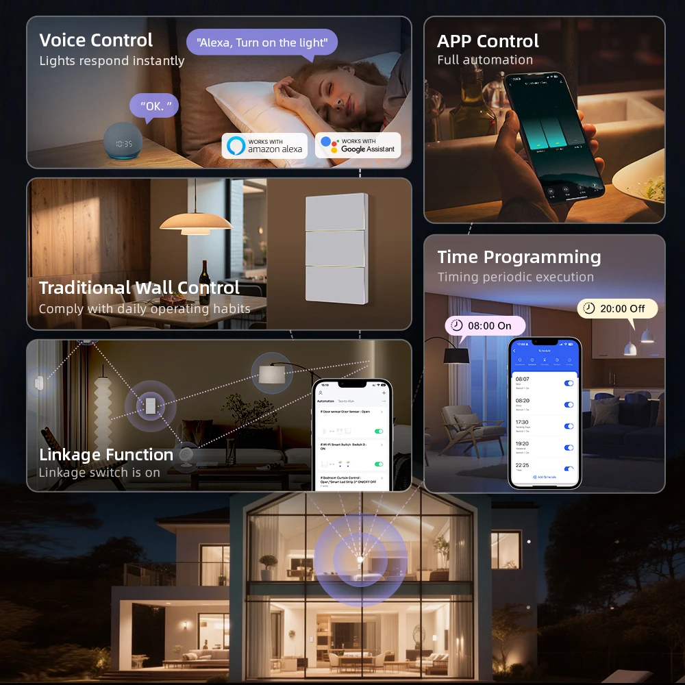 AVATTO Tuya WiFi US Smart Light Switch 1/2/3/4Gang Button Switch With Ambient Light APP Control Works With Alexa Google Home