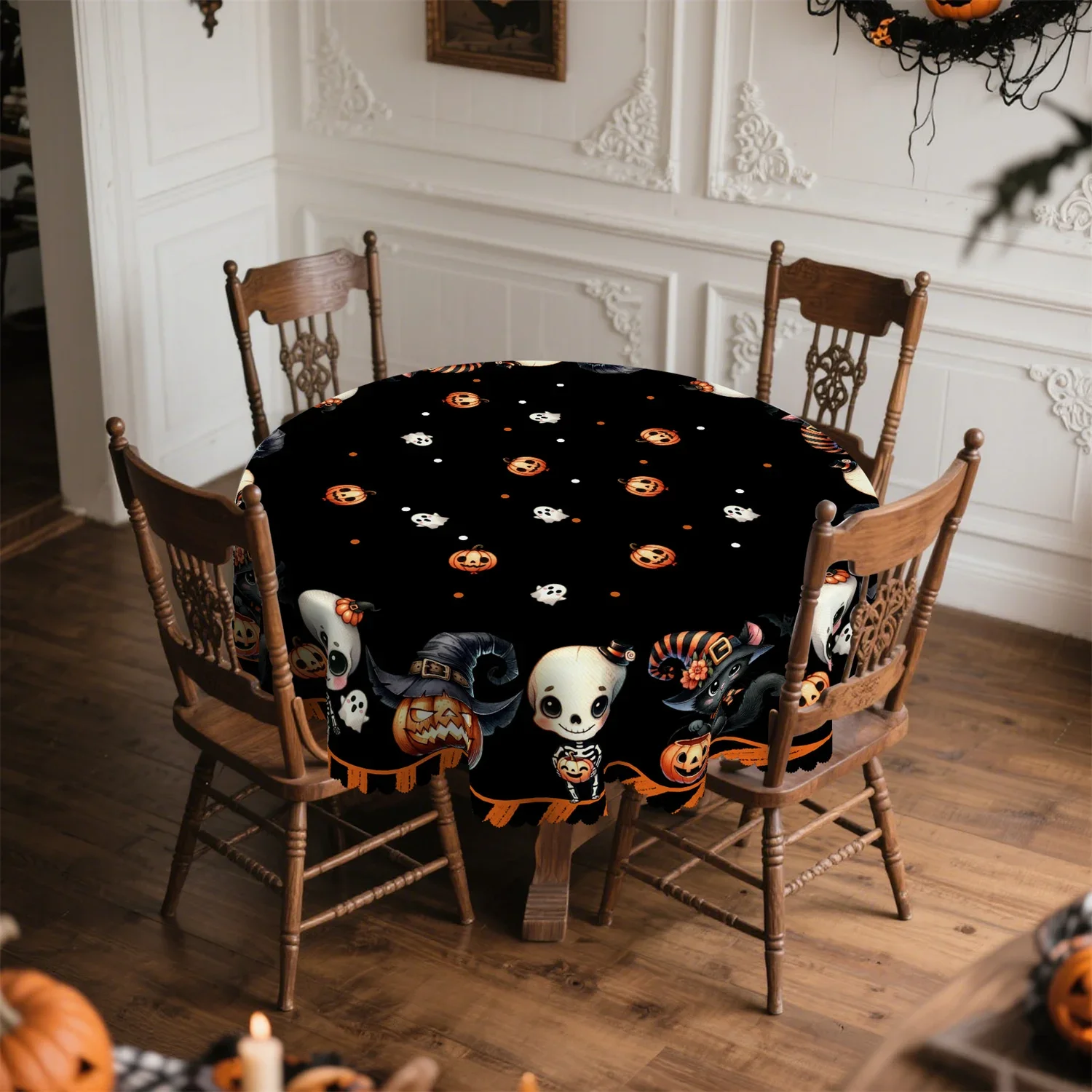 Halloween pumpkin lantern, black cat witch hat, skull tablecloth. Suitable for rectangular and round dining tables.xzj