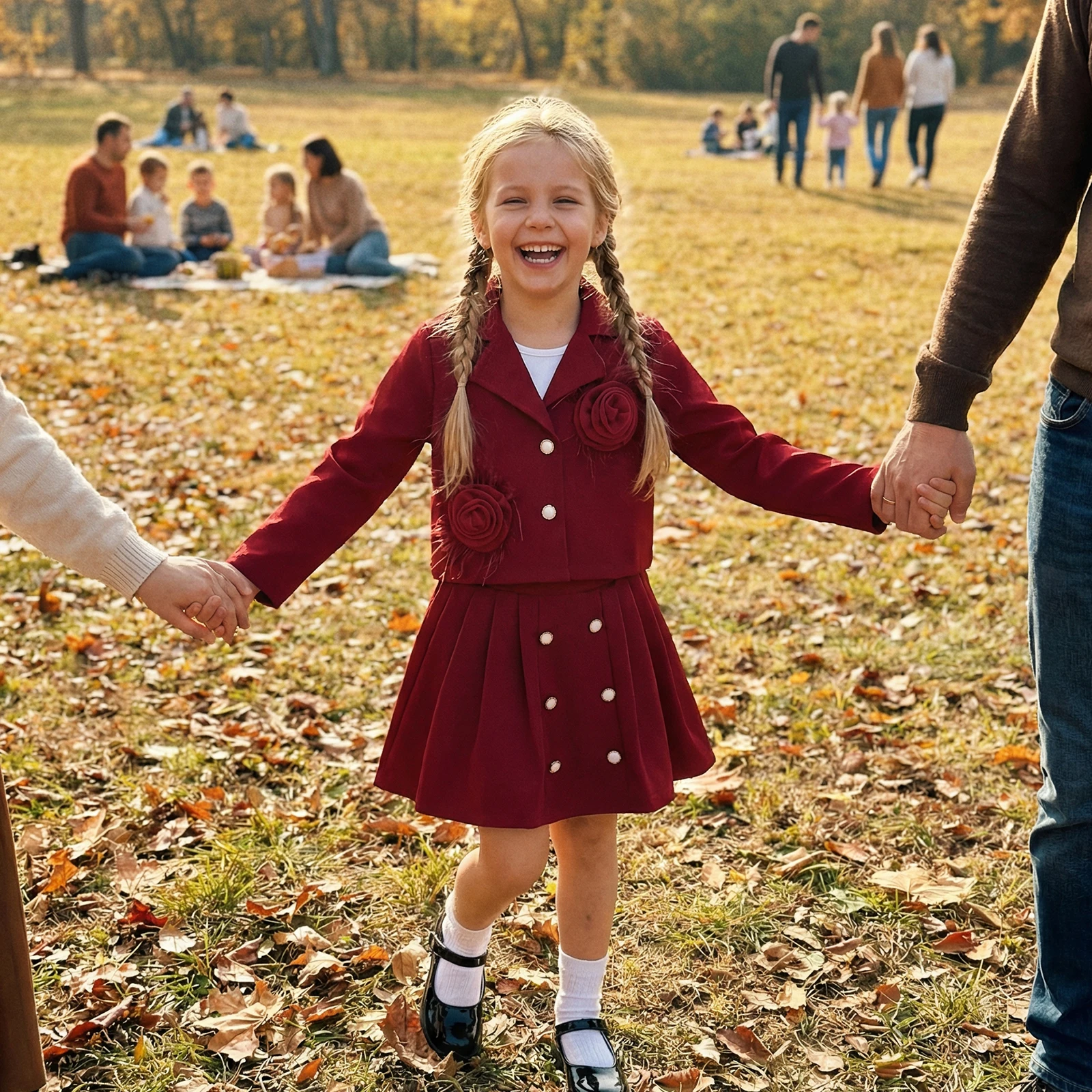 2-8Y Little Girl Spring Fall Outfit College Preppy Style Flower Long Sleeve Button-up Blazer Tops Pleated Skirt 2 Piece Set
