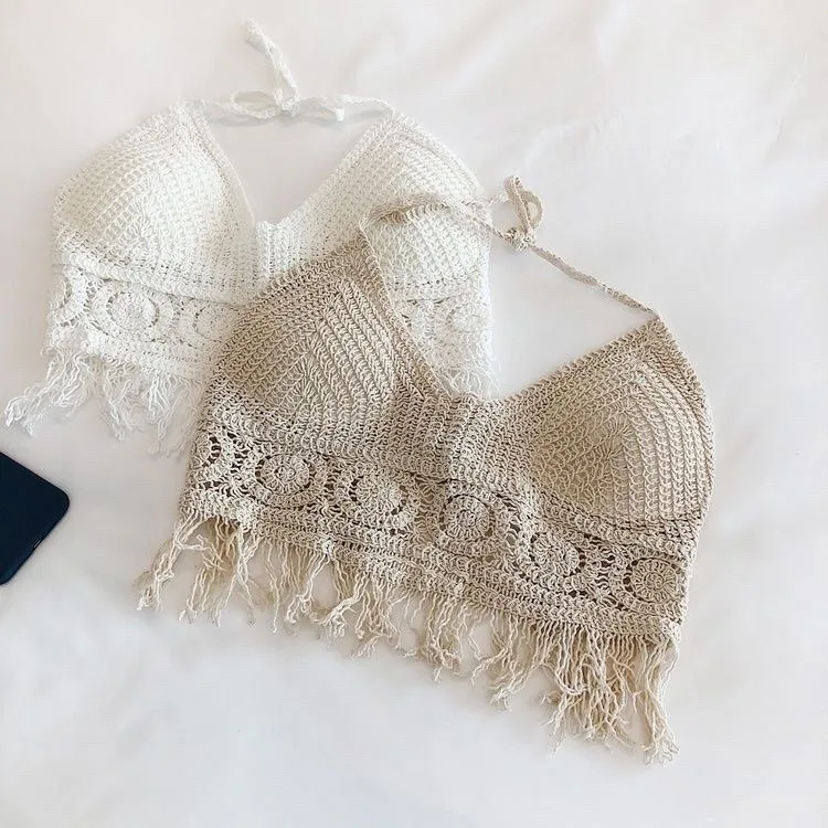Woman Sexy Top Crochet Tank Tops Women Corset Tanks Crop Camisole Open-Knit Camis with Built-in Pad Tassels Bralette Beach Tops