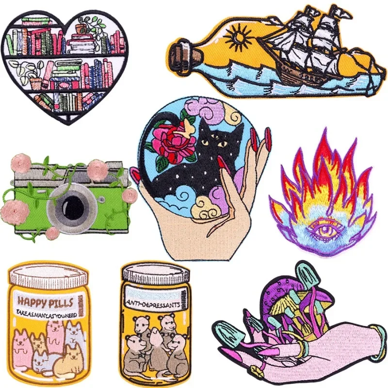 20pcs/Lot Luxury Fun Embroidery Patch Pill Bottle Pirate Ship Bookshelf Flame Bag Clothing Decoration Accessory Craft Applique