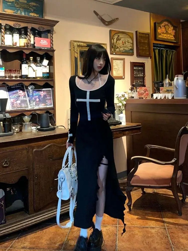 Vintage Gedruckt Lange Kleid Frauen Sexy Spicy Girl Slim Fit Rüschen Split A-linie Kleider Mode Langarm Party Robe