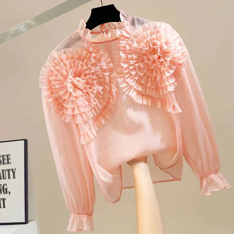 

Sweet Three-Dimensional Flower Bubble Sleeve Stand Collar Pullover Shirt Women Fashion micro-penetrating Blouse Top q590