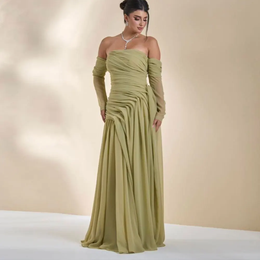 

Dubai Prom Dress A-Line Pleated Off The Shoulder Long Sleeved Classic Evening Gown Saudi Arabian Women's Elegant Party Dresses