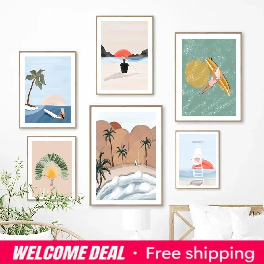 Abstract Poster Wall Art Canvas Painting Blue Sea Beach Surf Palm Buggy Car Sunset Prints Wall Pictures For Living Room Decor