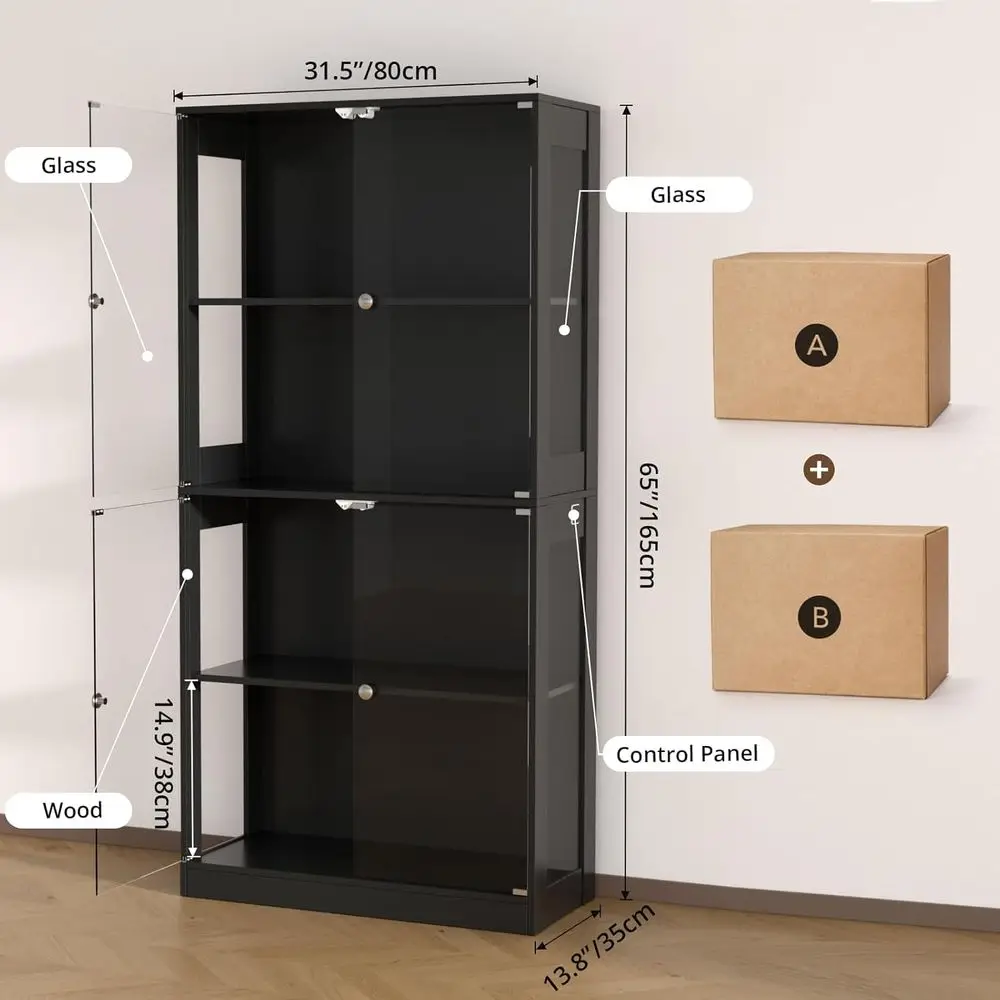 65 Glass Door Display Cabinet, 4-Tier Curio with Sensor Lighting, Living Room Bookcase Storage
