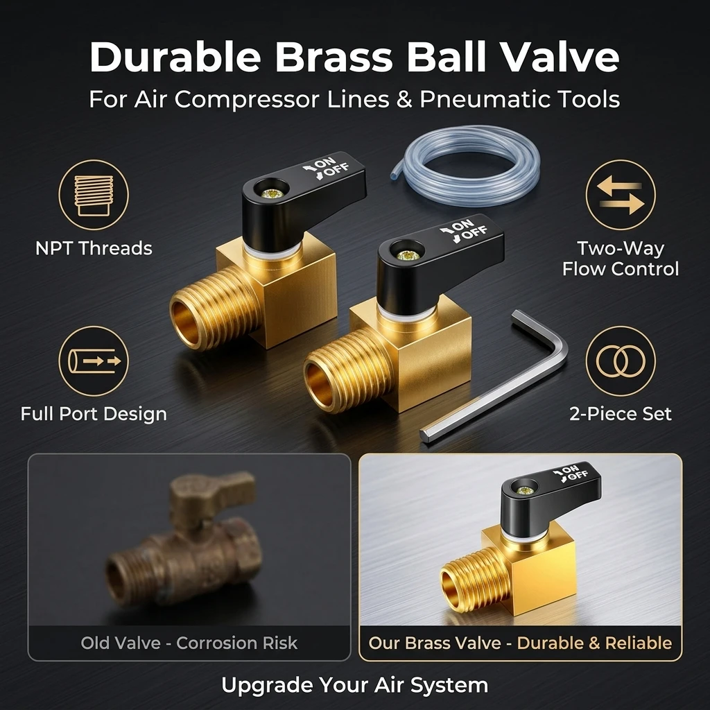 Pneumatic Control Valve Manual Override Ball Valve for Air Compressor Water Line Low Pressure Systems Brass PTFE Seal