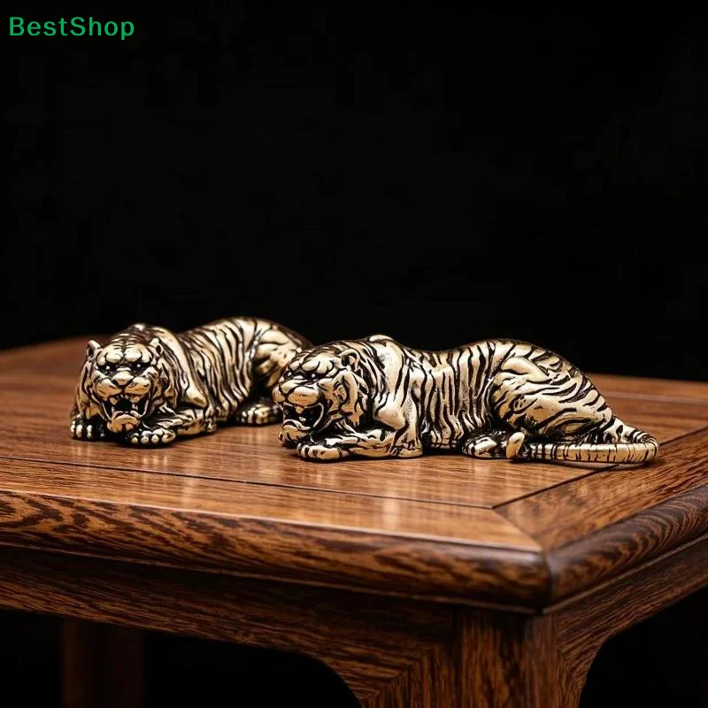 〔Z〕Vintage Brass Tiger King Statue Paperweight Ornaments Animal Tiger MIniatures Figurines Desk Decorations Home Decor Gift