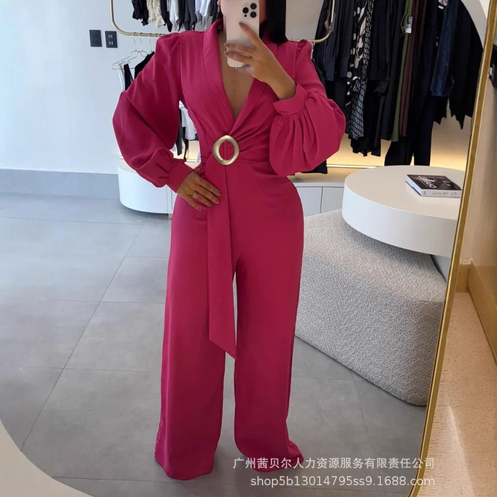 

2026 New Solid Color Waist Cinching Ring Wide Leg Jumpsuit Women Fashion Puff Sleeves Deep V Neck One Piece Top