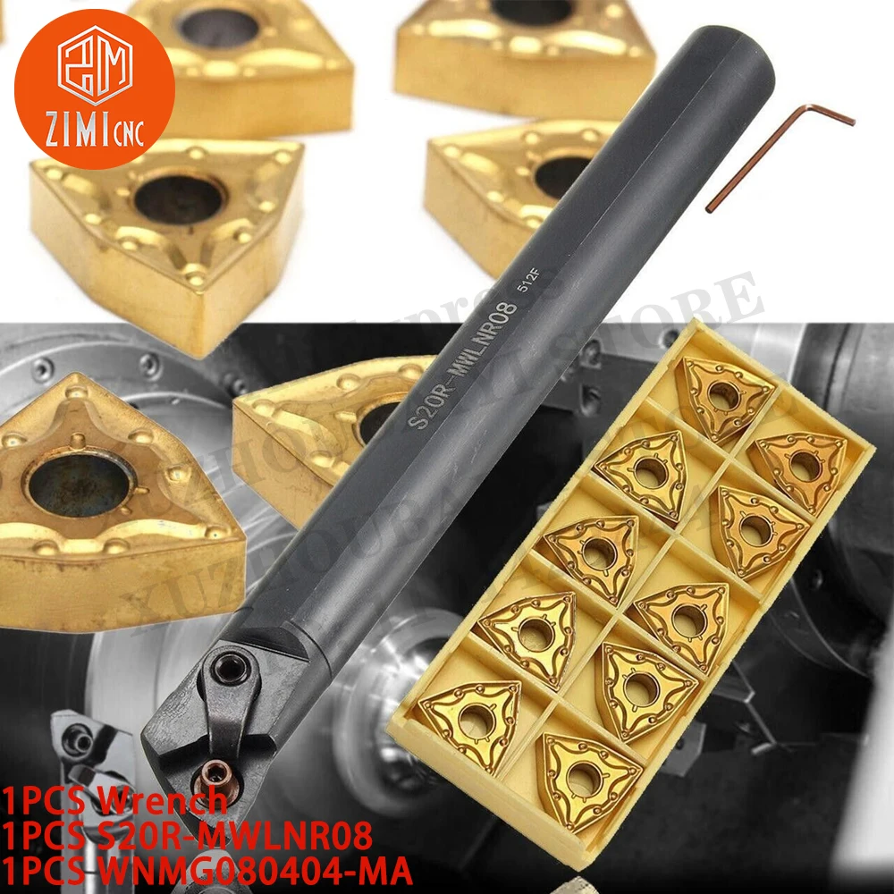 1PCS S20R-MWLNR08 20mm Lathe Turning Tool Holder + 10PCS WNMG0804 Carbide Inserts CNC tool metal lathe mechanical cutting tools