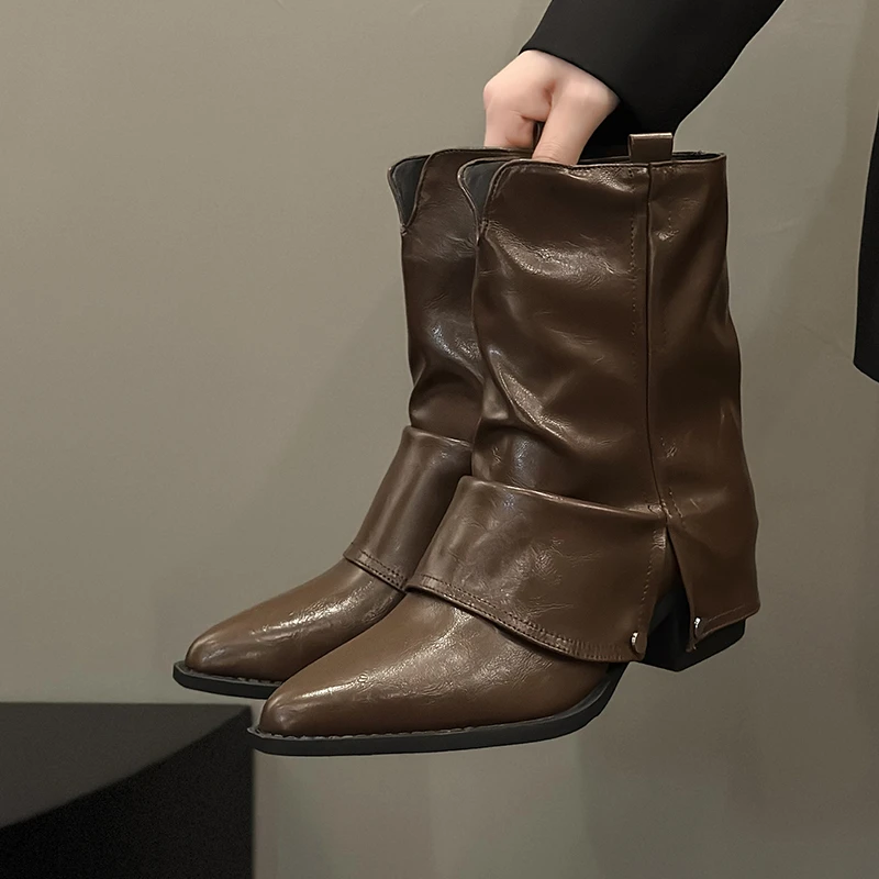 Pointed-toed Fashion Black Trouser Leg Boots for Women 2026 Autumn and Winter New Pile Boots Short-leg British Style Retro