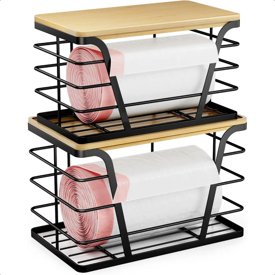 

2 Pack Stackable Storage Laundry Kitchen Organizers Wall Mount Trash Bag Holder with Bamboo Top and Garbage Bag Dispenser No Dr