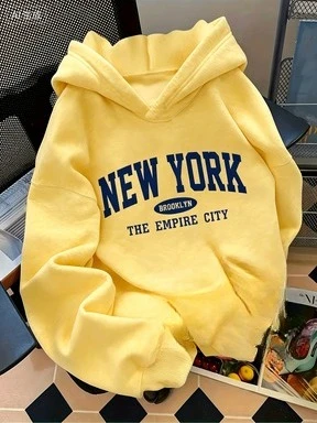 New York Children's Fashionable Hoodie Loose Fit, Letter Print Casual Style for Boys and Girls Geometric Pattern Warm Sweatshirt
