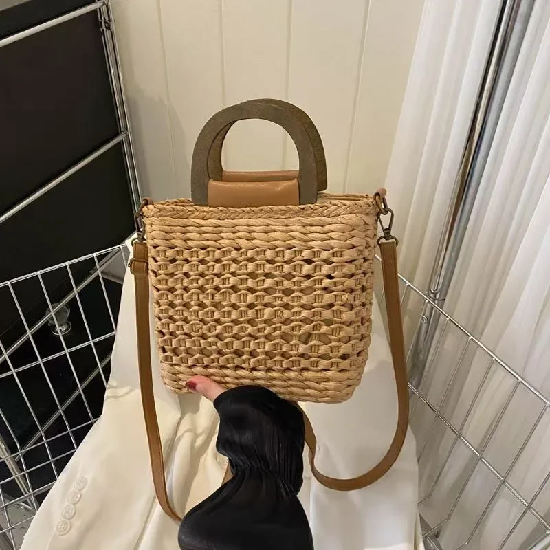 Bolso de Mano de Paja Tejida, Gran Capacidad, Bolso de Viaje de Playa para Mujer, Estilo Bandolera