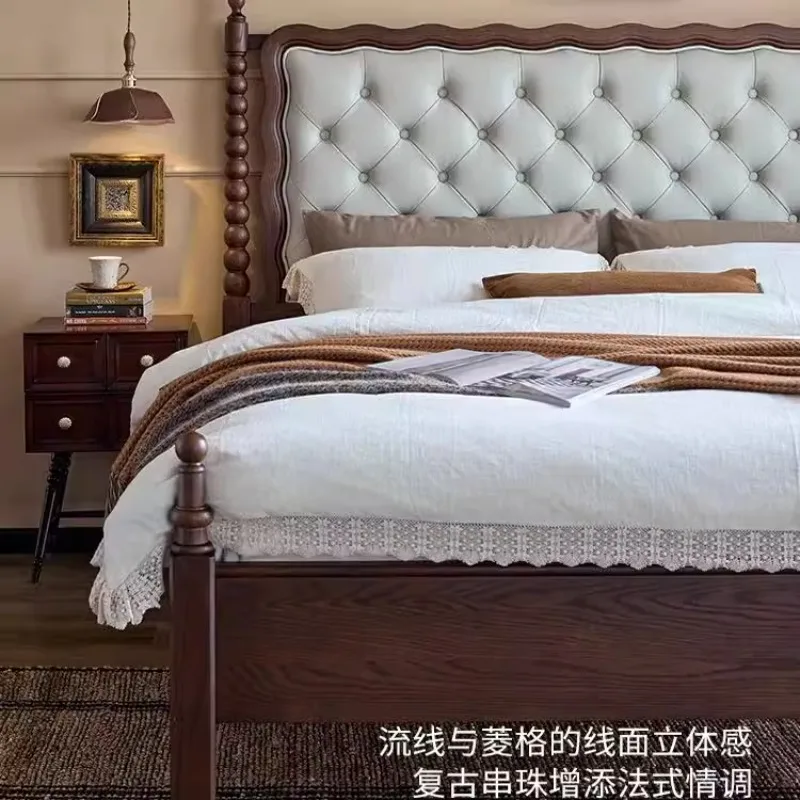 

Retro solid wood leather soft bag bed master bedroom double bed soft French all solid wood ash wood