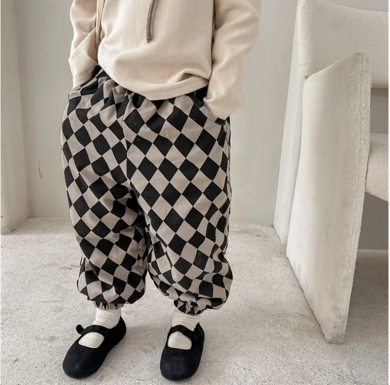 2025 New Stlye Girls Boys Plaid Thicken  Pants Winter Good Quality Fashion Kids  Trousers 1-7t A156