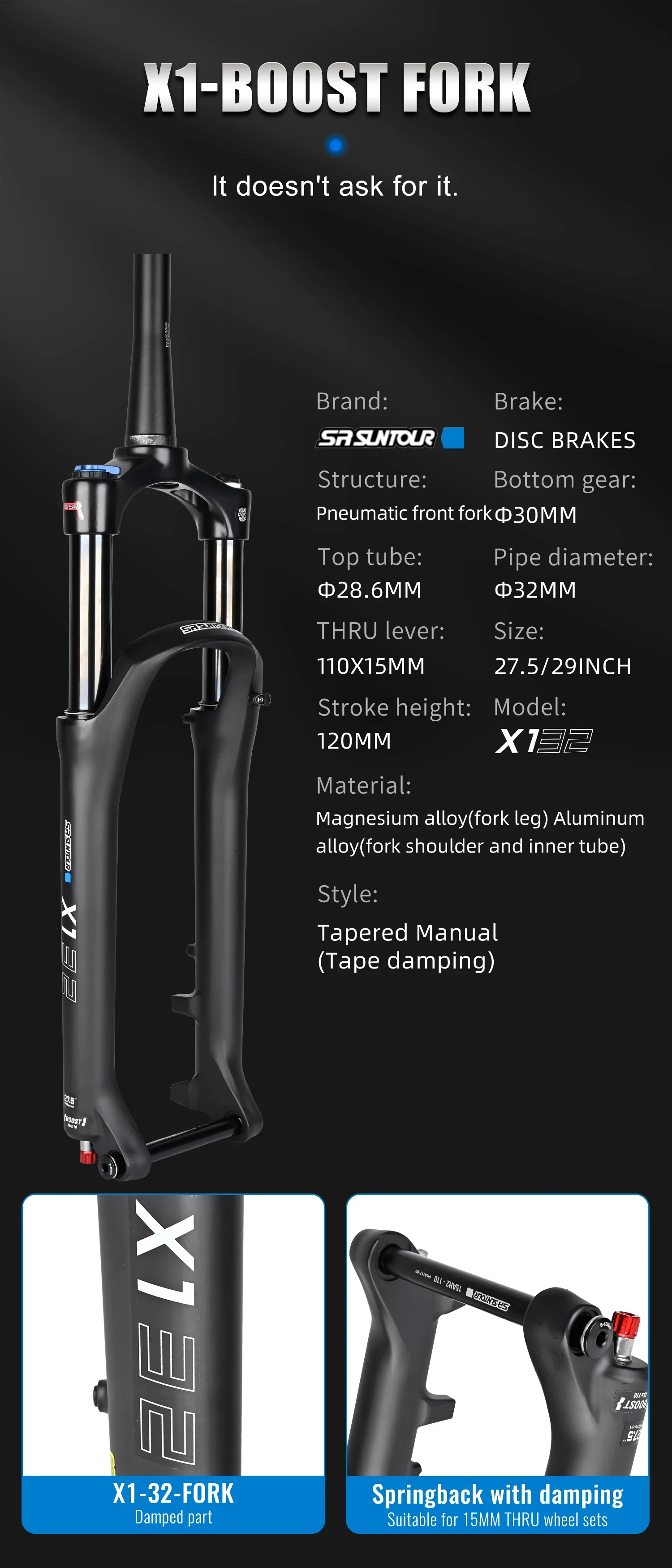 SR SUNTOUR X1 Bicycle Forks Air Suspension Fork 120mm Travel QR 100x9MM BOOST 110x15MM 27.5 29 Mountain Bike Air Fork