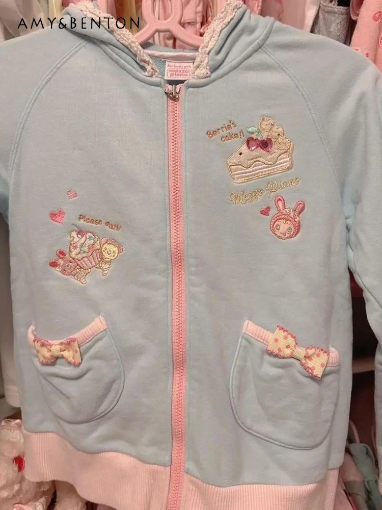 Printemps automne japonais doux mignon dessin animé imprimé veste à capuche pour les femmes Anime fille nœud poche Patchwork couleur veste courte ample