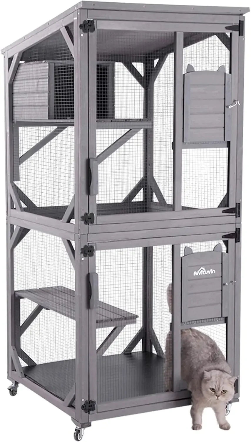 Cat House Outdoor Catio Cat Enclosures on Wheels70.9 Kitty House with Upgraded Resting Box,Waterproof Roof