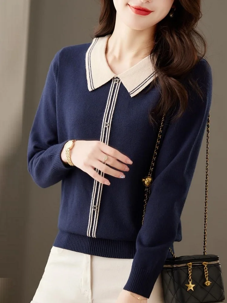 TuangBiang Autumn Elegant 2023 Spliced Button Polo Collar Pullovers Long Sleeve Winter Sweater Korean Women Fashion Knitted Tops