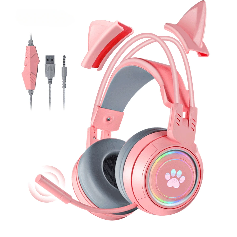 HiFi Stereo Bass Cute Cat Ears Headphones with Microphone Flash Light Glow Headset Gamer Girls RGB Earphone Gamer Casco Headset