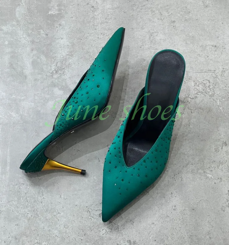 

Lady Satin Dark Green Sequins Slingback Mules Pumps Pointed Toe Low Heel Elegant Outdoors Dress Runway Elegant Pumps Size 34-43
